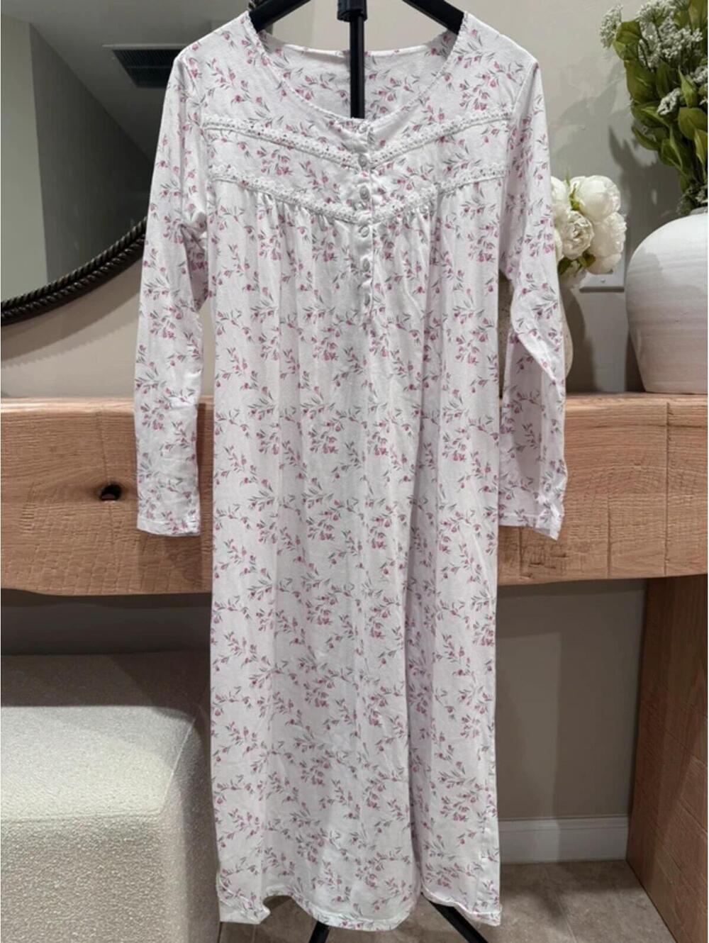 Vintage Large White And Pink Floral Long Sleeve Nightgown